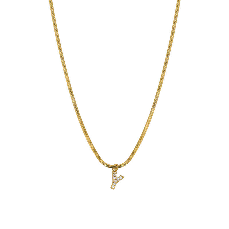 Wholesale French Retro Palace Style Flat Snake Bone Stacking Diamond 26 Letter Titanium Steel Clavicle Chain Necklace